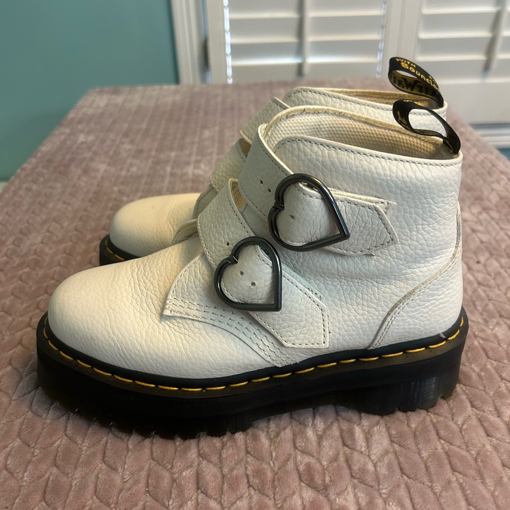 Dr. Martens White Leather Boots with Heart Buckles